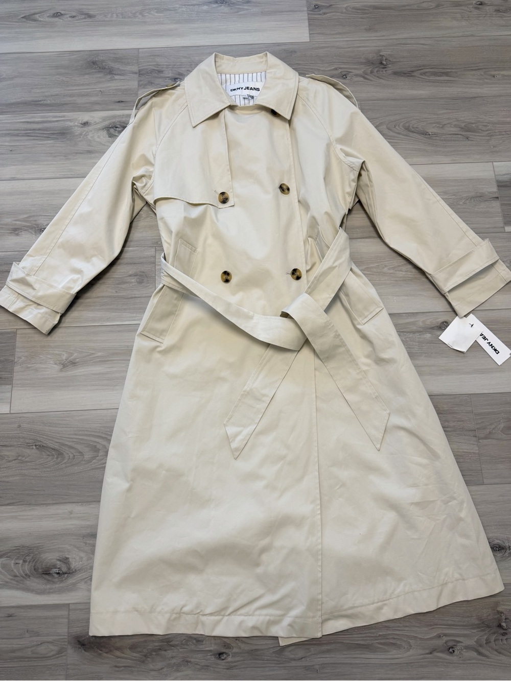 DKNY Women's Double Breasted Denim Belted Trench Coat Light beige size XL
